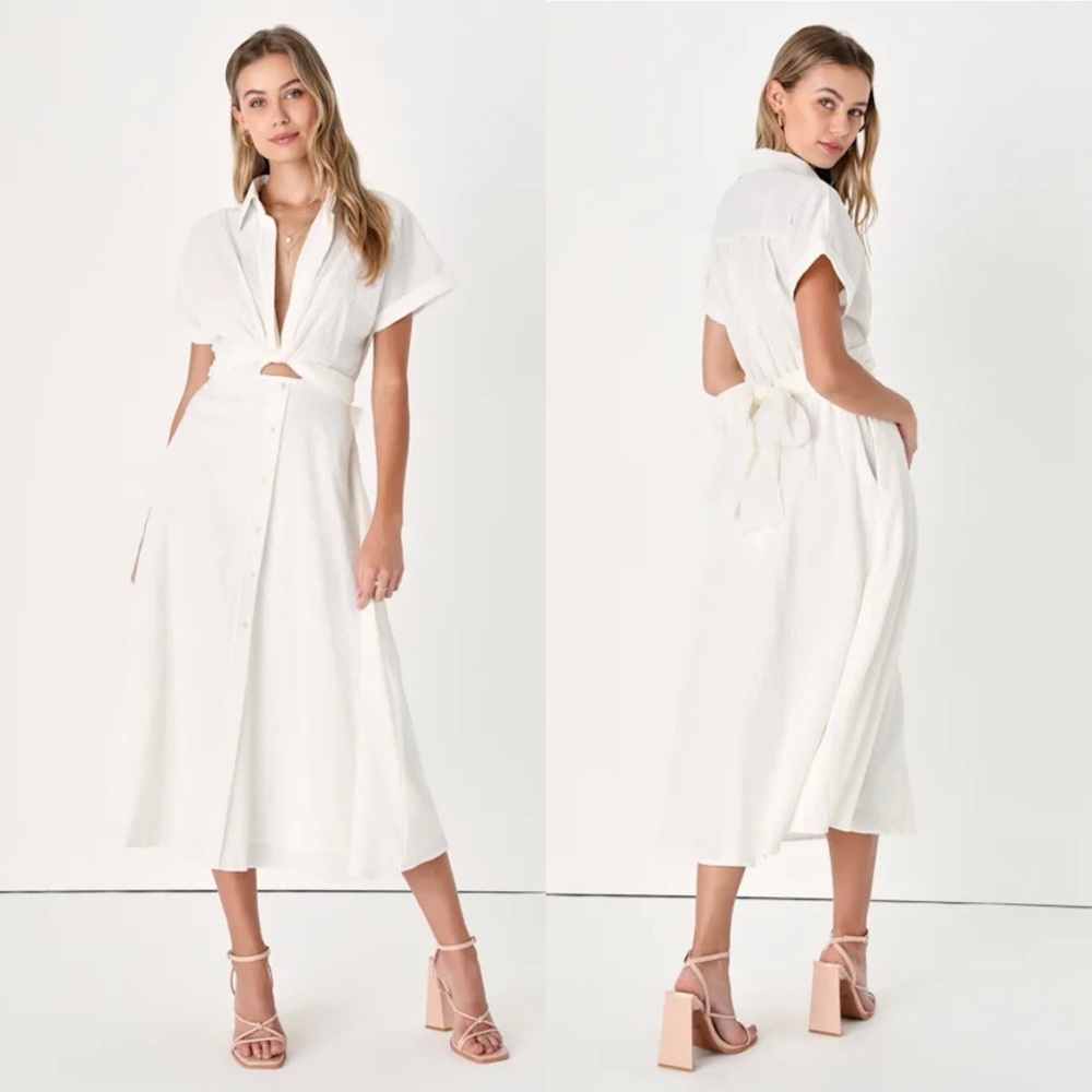 New Lulus Palermo Perfection White Collared Midi Dress with Pockets